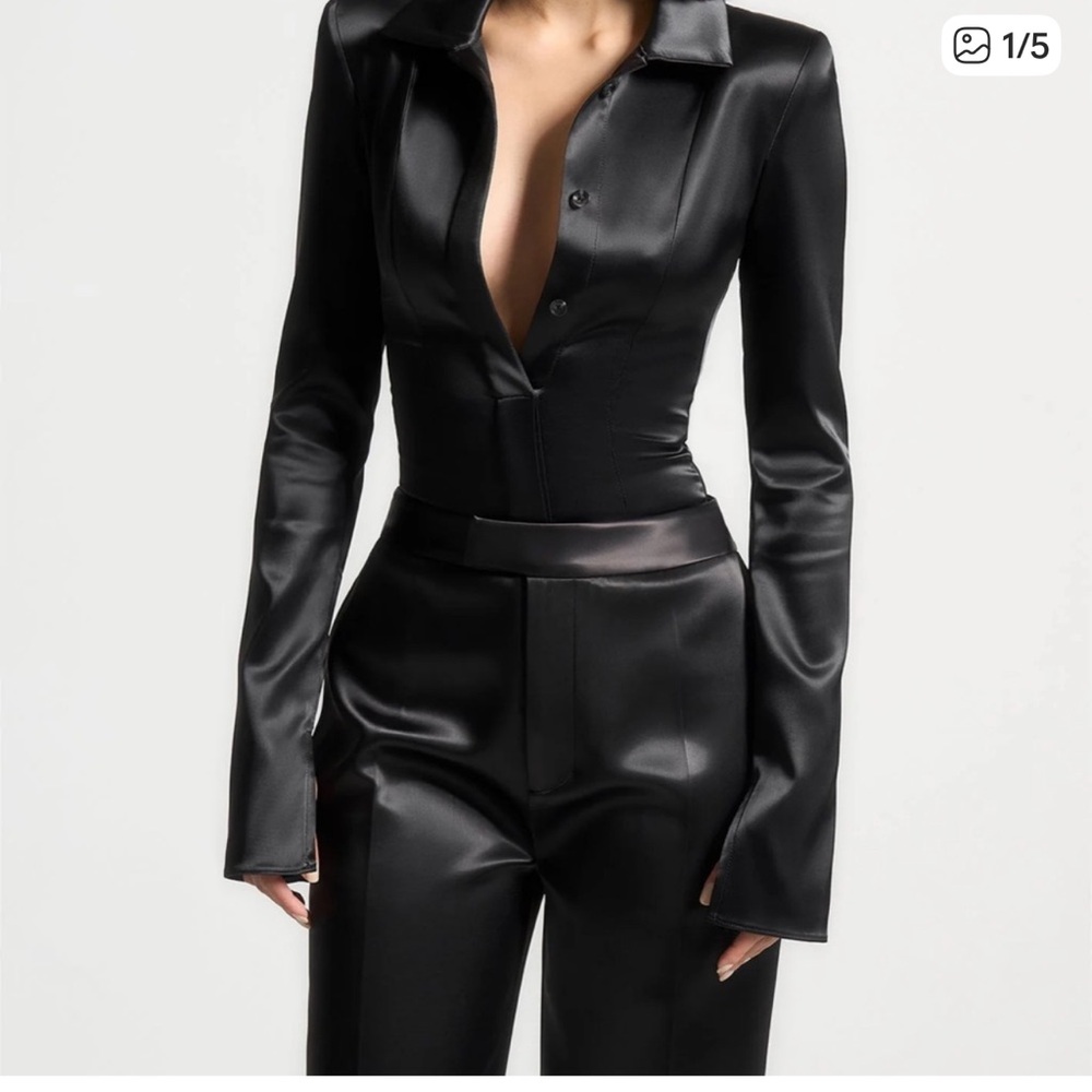 Maniere De Voir Black Satin Long-Sleeve Plunge Bodysuit